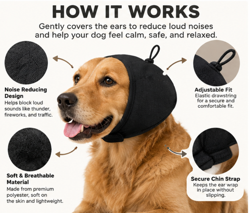 WagClub™ Adjustable Calming Ear Wrap for Dogs | Soft Noise-Reducing Hood