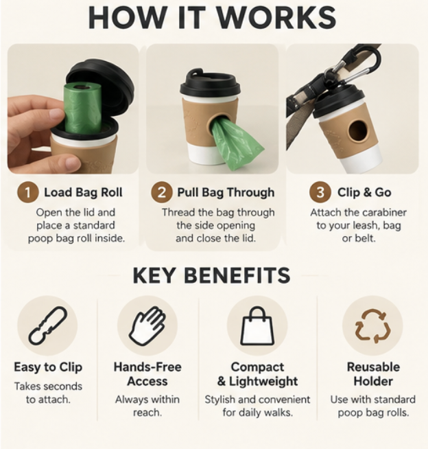 WagClub™ Coffee Cup Dog Poop Bag Dispenser | Cute Clip-On Waste Bag Holder