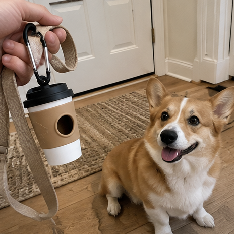 Lifestyle image 3 of coffee-cup shaped dog waste bag dispenser
