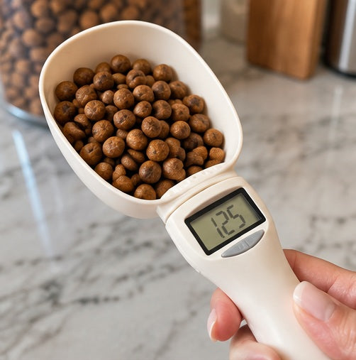 AI-generated lifestyle illustration of digital pet food measuring scoop 2