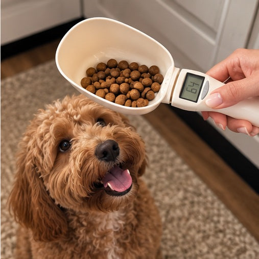 AI-generated lifestyle illustration of digital pet food measuring scoop 3