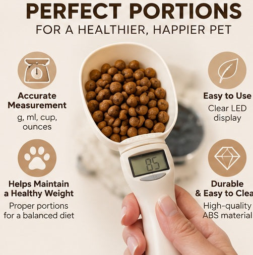 AI-generated lifestyle illustration of digital pet food measuring scoop 5